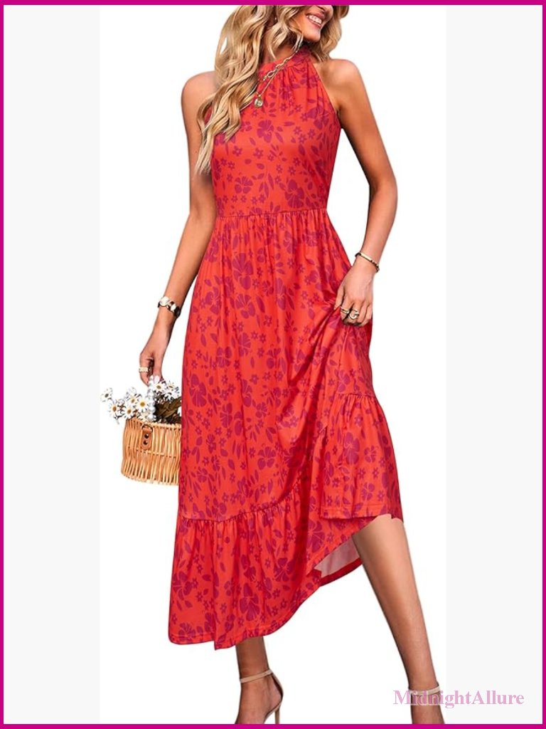 Maxi Dress Vacation Floral Halter Neck Sleeveless Flowy Sundress With Pockets
